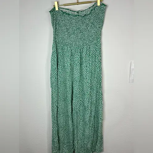 Green Smocked Strapless Jumpsuit | Polka Dot Print Wide Leg One Piece | Size XL