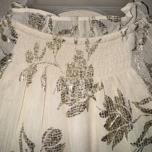 Haver + Blair London Yoryu Cream Gold Floral Sheer Ruffle Tie Neck Blouse Top S