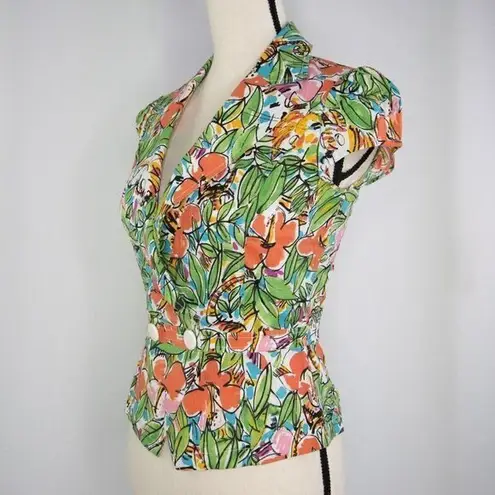 Vintage floral print short sleeve jacket, green and red, cotton blend Size XXS