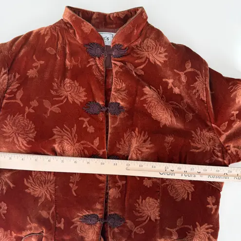 Vintage Velvet Asian Jacket Large Burnt Orange Jacquard Mandarin Frog Buttons