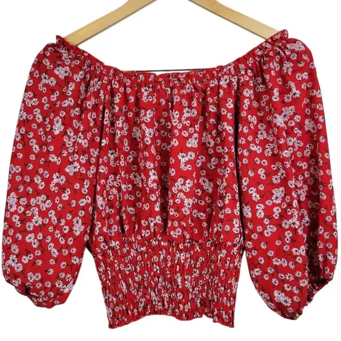Red Floral Smocked Square Neck Puff Sleeve Cropped Blouse Top Women's M Size M
