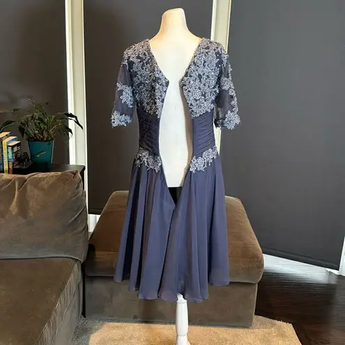 Women’s Short Blue Chiffon Prom Party Dress with Floral Detail Zip Back Size S