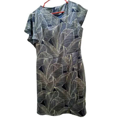 Lea & Viola 🍂Viola Leaf Print Dress Asym Sleeve Sheath Career Cocktail Party Navy 40