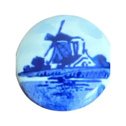 Vintage Dutch Blue White Ceramic Windmill Pin Button Brooch Round .75" across