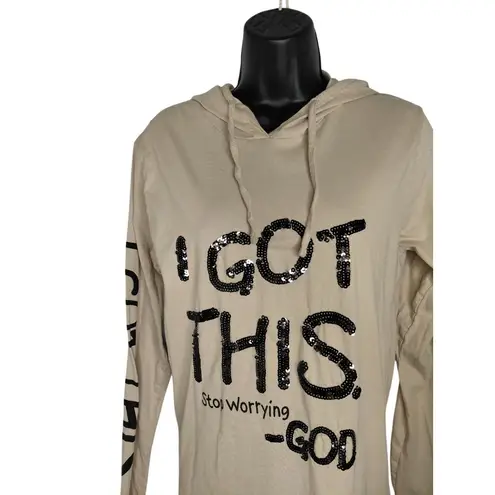 On Fire Sequin Lettering Beige Hoodie "I Got This" Long Sleeve Top By XL