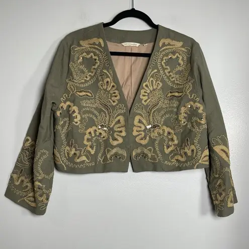 Soft Surroundings Turks Bolero Crop Jacket Medium Olive Green Boho Embroidered