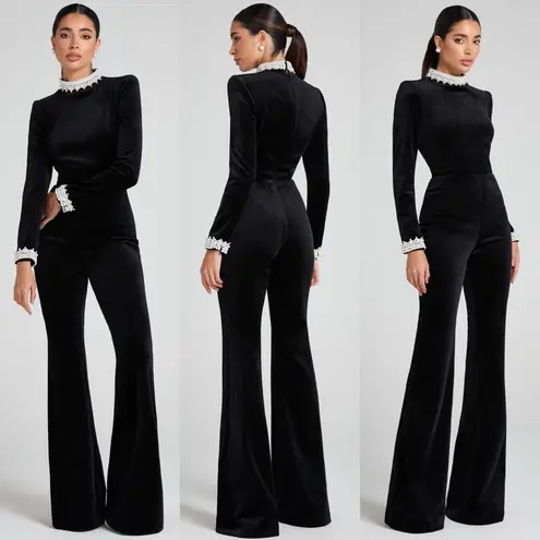 Nadine Merabi Meghan Black Velvet Pearl Trim High Neck Flare Jumpsuit Size XS