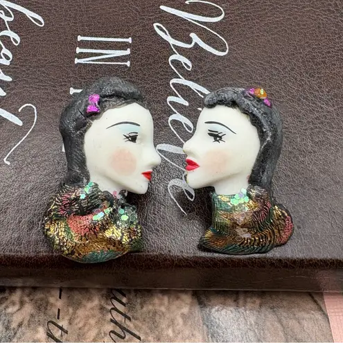 Vintage Lady Face Brooch & Earrings Set | Hand Painted Statement Jewelry Purple