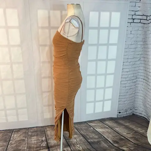 Hot Miami Styles tan ruched bodycon midi dress size small