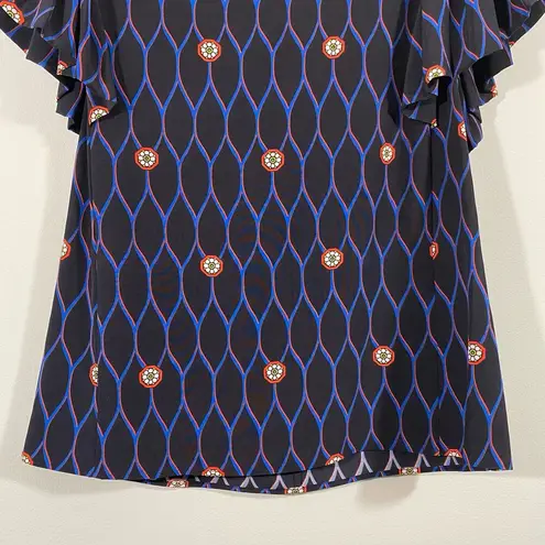 Kenzo x H&M Women's Abstract Print 100% Silk Ruffle Cap Sleeve Blouse Size 2