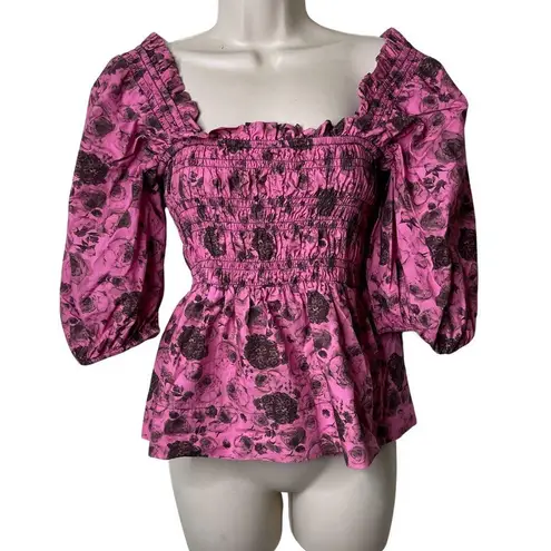 Ganni Floral Printed Pink Cotton Poplin Blouse sz 36 US 4