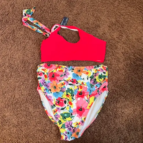 Summer Mae Red Halter Bikini Top High Waist Floral Print Swimsuit Set Size XL Pink