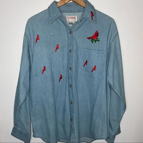 esteem jean button up with cardinals embroidery