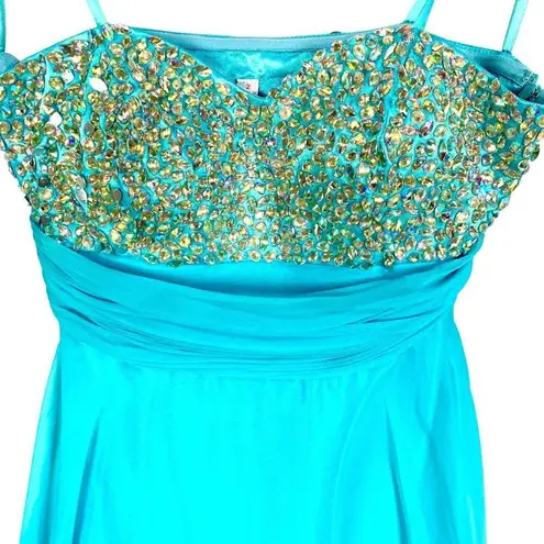 Turquoise Strapless Gown 2 Beaded Bodice Pageant Flowy Chiffon Skirt Prom Fairy Blue