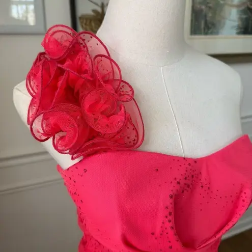 A Byer Vintage Y2K Byline One Shoulder Ruched Electric Watermelon Cocktail Dress