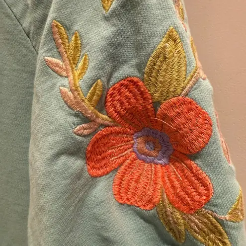 ANNIEWEAR Womens Sweatshirt Light Green Embroidered Floral Puff Sleeve Crew L Size L