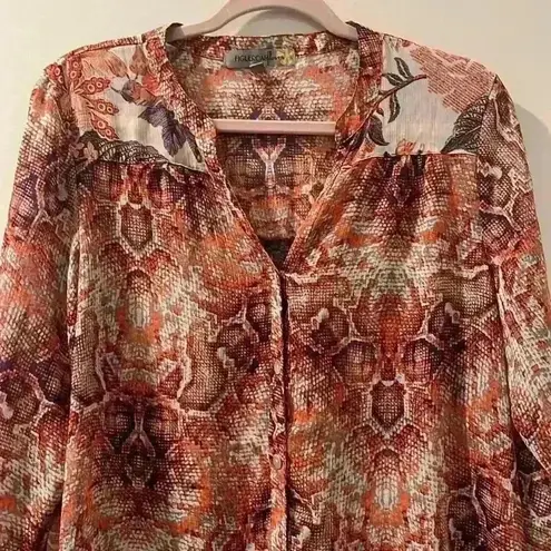 Anthropologie Fig & Flower Sheer Floral Button Up Shirt Blouse Top Size Large Red
