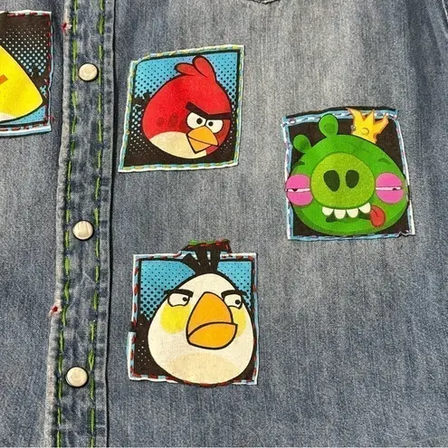 Frantic Women’s S Denim Pearl Snap Front Angry Birds Embroidered Appliqué Shirt Blue