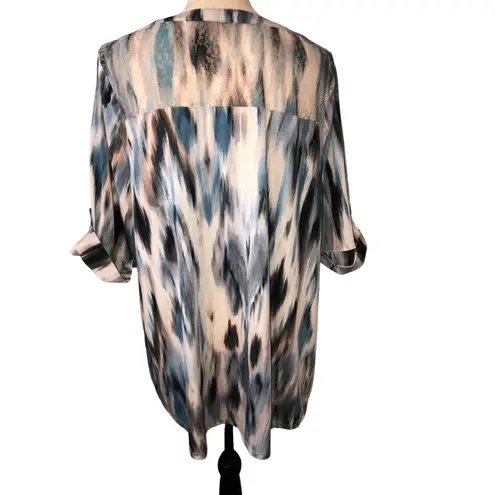 Tunic Top Size XL Lace Pleated Slinky Stretchy Knit Short Sleeve Blue Neutral