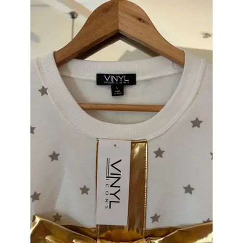 VINYL Holiday Christmas Sweatshirt Women’s Large White Gold Bow Ugly Sweater