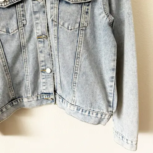 Boutique | Y2K Denim Jean Jacket Pearl Rhinestone Studded Light-Blue Coat | XL