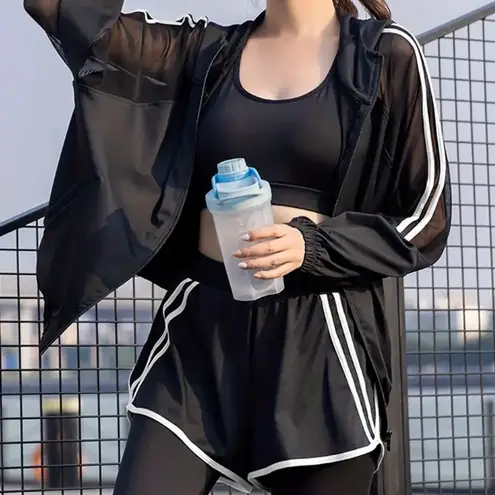 Two pieces set tracksuit bomber jacket sport set leggings shorts activewear mesh White Size M