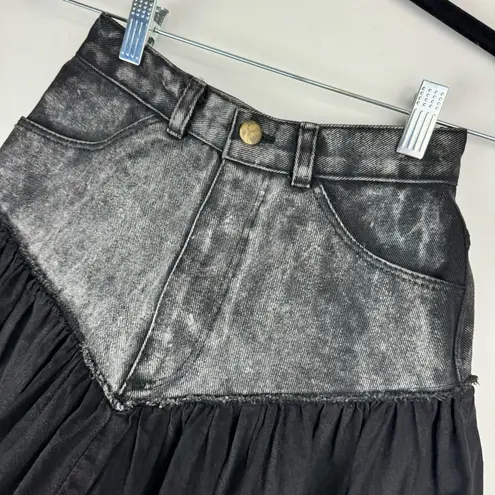 Vtg Y2K Denim Pleated Mini Skirt Sz 0 Mixed Media Grunge Streetwear Black