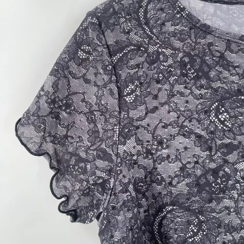 Y2K Top Large Short Sleeve 2000s Lace Print Rhinestones Babydoll Bratz Vintage Black