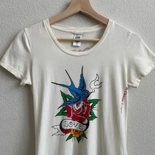 Ed Hardy Vintage Y2K Creme Blue Bird Rose “Love” Tattoo Graphic Short Sleeve Tee