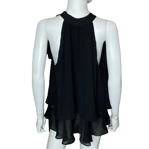 CeCe Shoulder Bow Tiered Ruffle Crinkle Chiffon Blouse Black Women’s Sz L