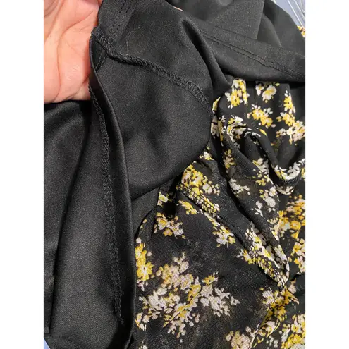 AFRM Tezza Black & Yellow Floral Ruched Mesh Midi Long Sleeves Dress Womens XS