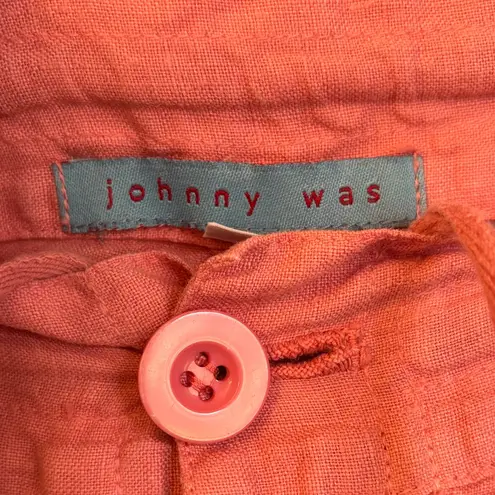 Johnny Was Size MEDIUM Coral Pink Linen Wide Leg Button-Front Pants
