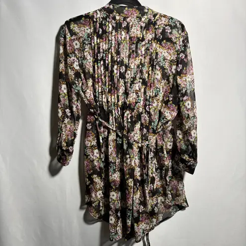 Whimsigoth Sheer Floral Black Mini Dress Tunic Pleated Waist Tie V Neck Fairy S