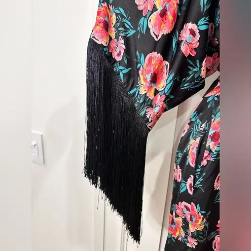 MISA Los Angeles NWT Robe Size XS Black Satin Floral Caftan Duster Fringe Boho