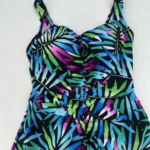 Maxine of Hollywood Tropical Swimsuit one piece size 16 XL Ruched Black Blue