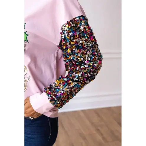 Southern Grace NWT Pink Sequin Sleeve Santa Claus Top Holiday Christmas XS