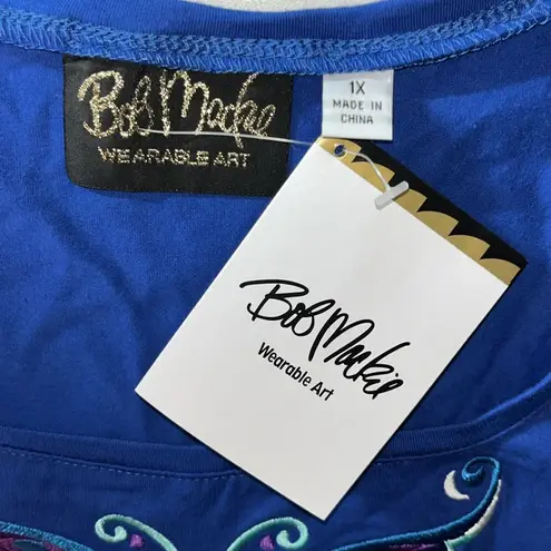 Bob Mackie NWT Size 1X Blue - Butterfly Embroidered Short Sleeve Knit Top Shirt