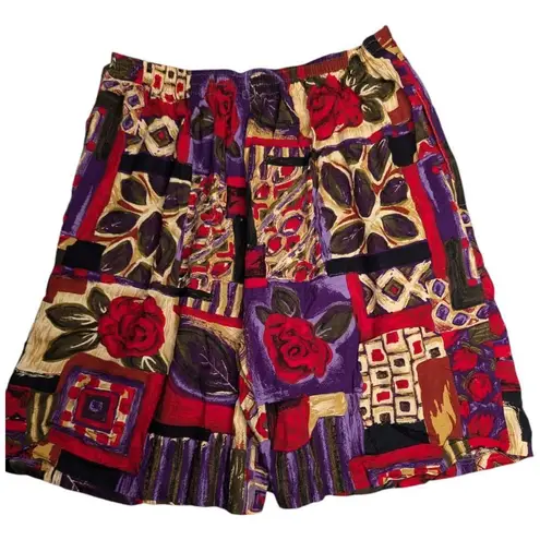 Vtg 1990s Jessica Scott Red Purple Oil Paint Floral Print Bermuda Shorts L Size L