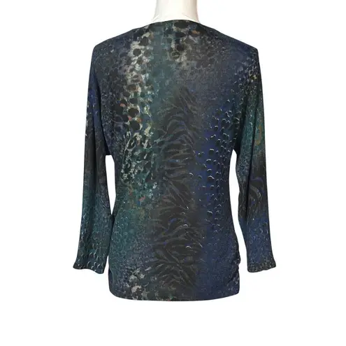 Frank Lyman Knit Top Size 8 Animal Black Blue 3/4 Sleeves Sparkle Artsy Casual