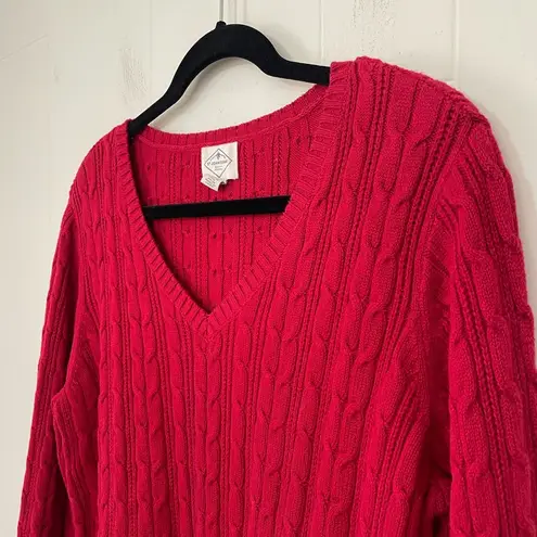 st. john's bay St. John’s Bay Cable Knit Sweater Red V-neck Cotton Blend Women’s Size XL