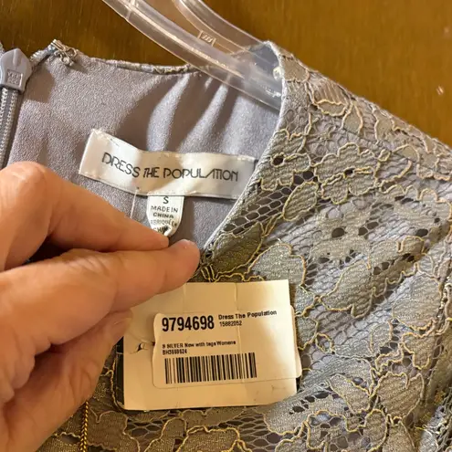 Dress the Population NWT  Ash Metallic Silver &amp; Gold Lace Mini Dress