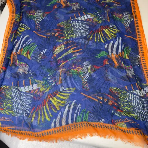 Vibrant Tropical Bird Print Lightweight Scarf Sarong Wrap Orange Fringe Blue