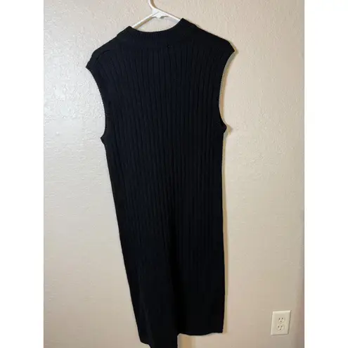 Sleeveless Ribbed Sweater Dress Mock Neck Black Midi Casual Trendy Size L