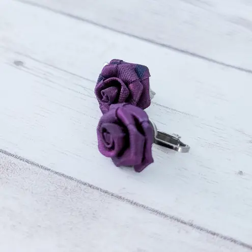 Vintage Clip On Earrings Purple Fabric Rose 5/8"