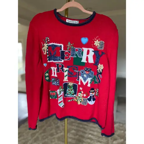 Vintage Merry Christmas Knit Sweater Heirloom Collect Red Holiday Parisian Party Size XL