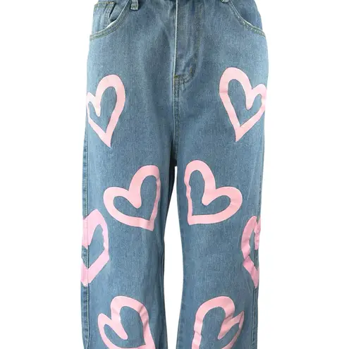 Colorful Natalie Blue Pink Hearts High Waisted Baggy Wide Leg Denim Jeans Size L Size L
