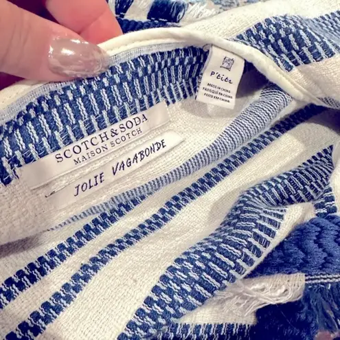 Scotch & Soda SCOTCH SODA MAISON JOLIE VAGABONDE STRIPED BLUE WHITE HOODED FRINGE SLEEVE TOP