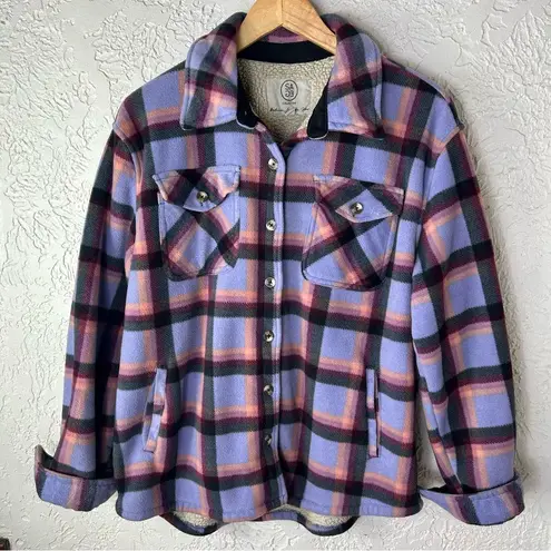 SAGE Collective Purple Plaid Sherpa Shacket Button Front Size L Size L