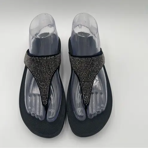 FitFlop Women’s Sz 7 Lulu Shimmer Black Rhinestone Sandals Comfortcore Glam Chic