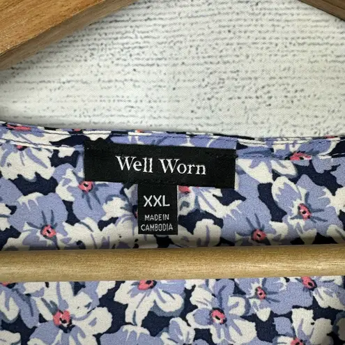 Well Worn Womens size XXL Ditzy Floral V-Neck Ruffle 3/4 Sleeve Blouse Top Blue